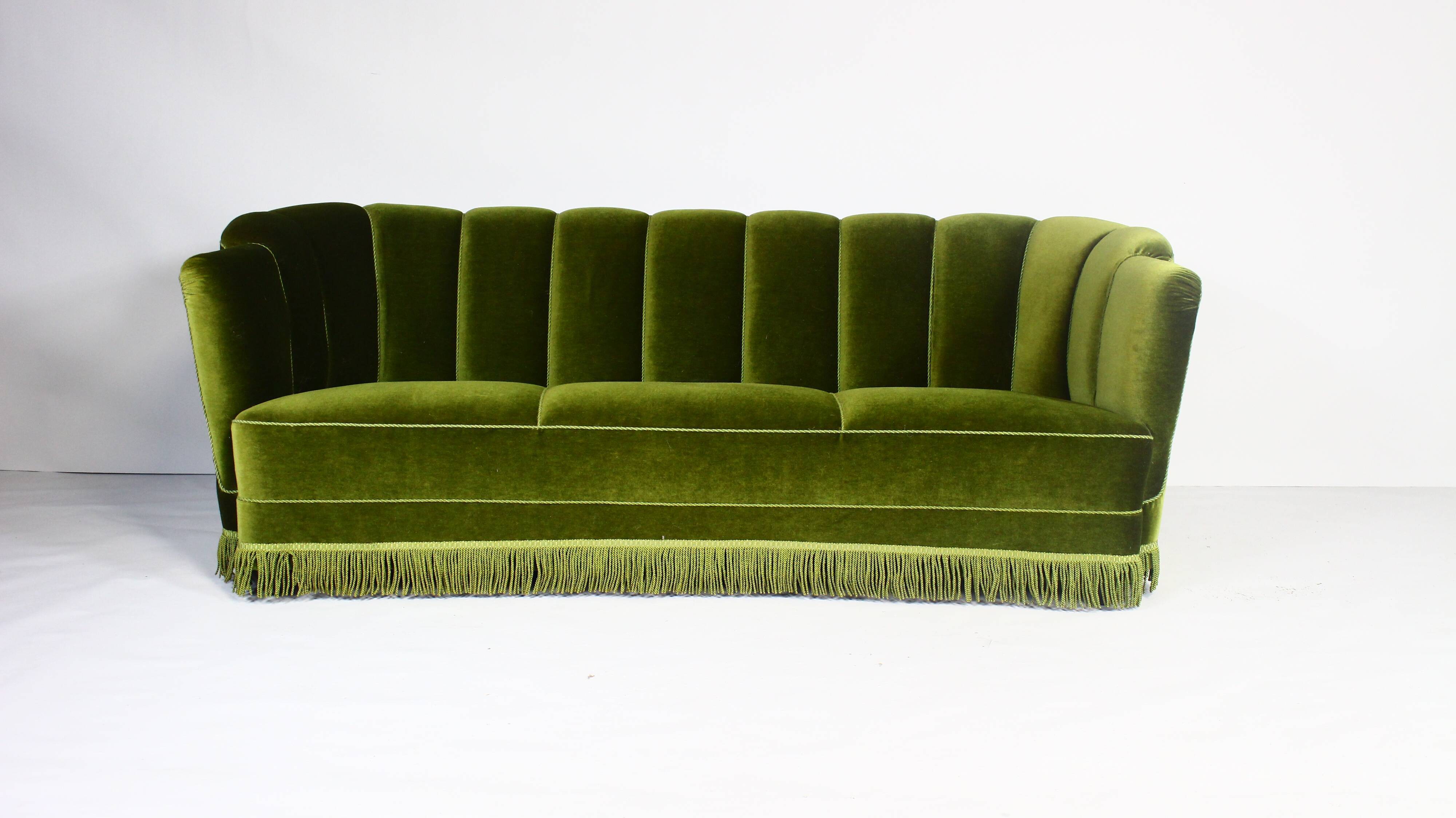 1940s art deco green velvet banana sofa, Denmark