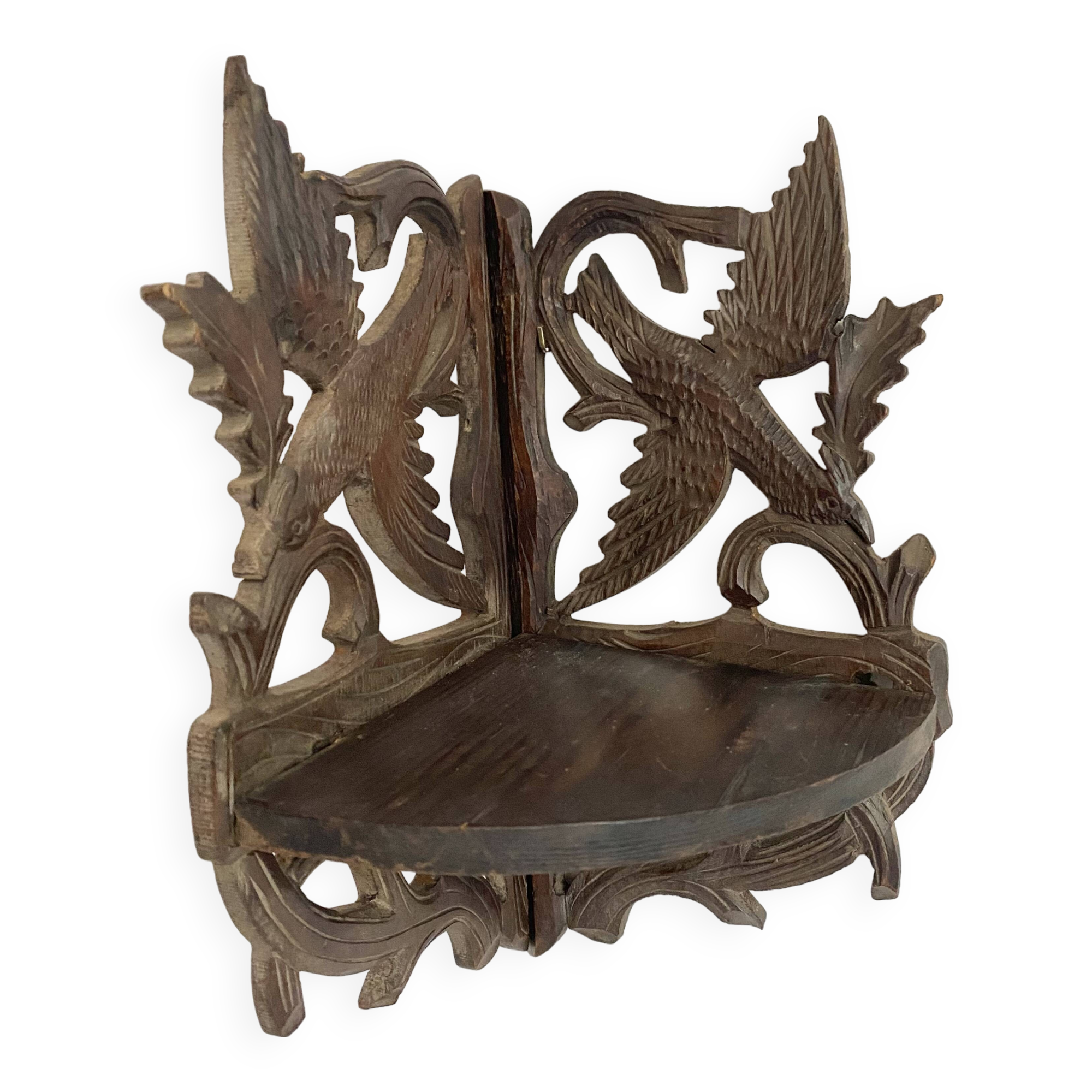 Etagère d'angle ancienne en bois sculpté oiseaux XIXe
