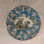 Longwy enamel plate with cartouche of 2 birds and apple blossoms, d188