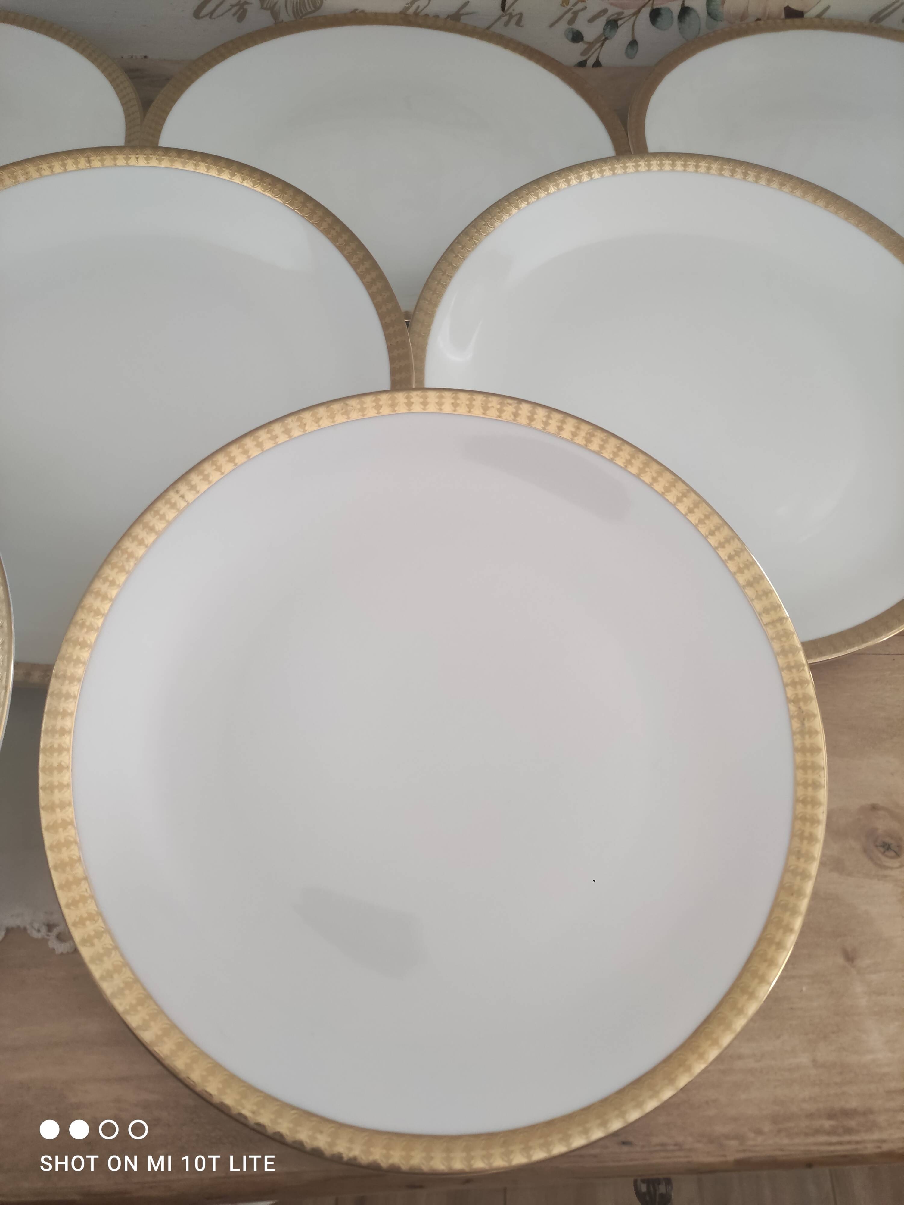 Lot de 12 assiettes plates en porcelaine blanche Euro Porcelaine frise dorée