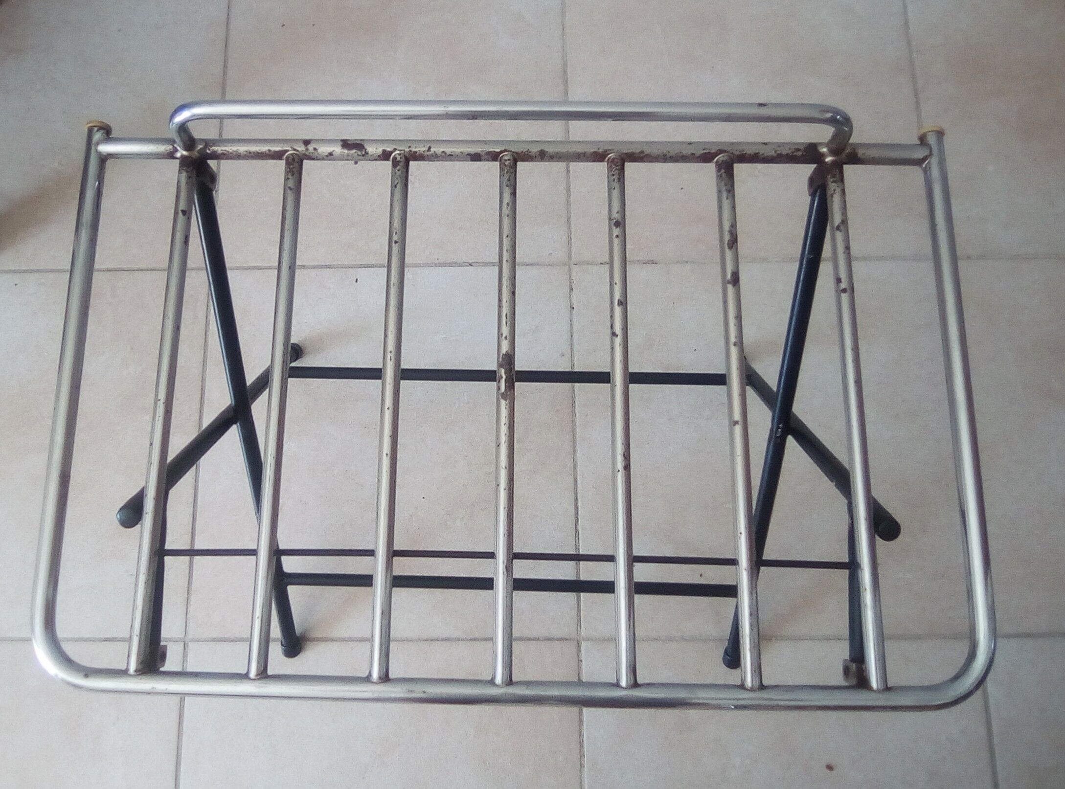 Side table, vintage suitcase carrier