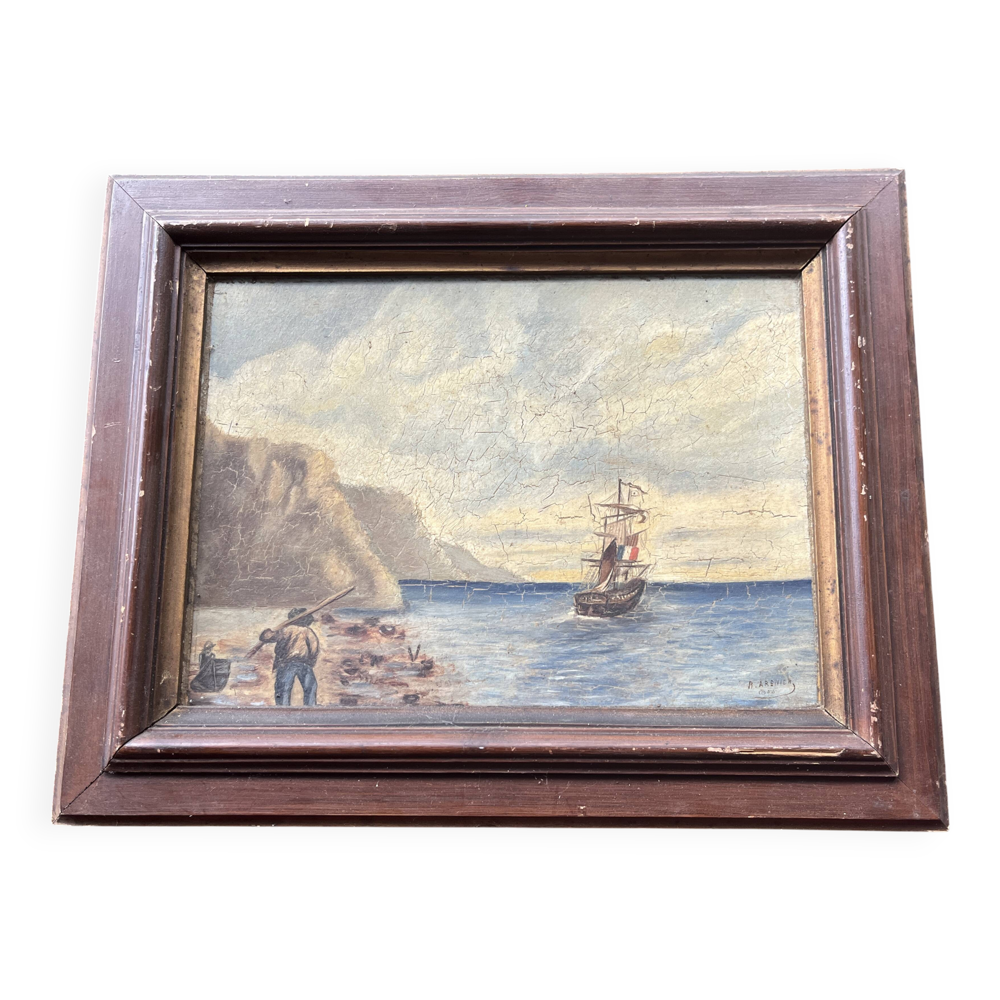 Antique painting from 1900 signed R. Argivier – Maritime scene