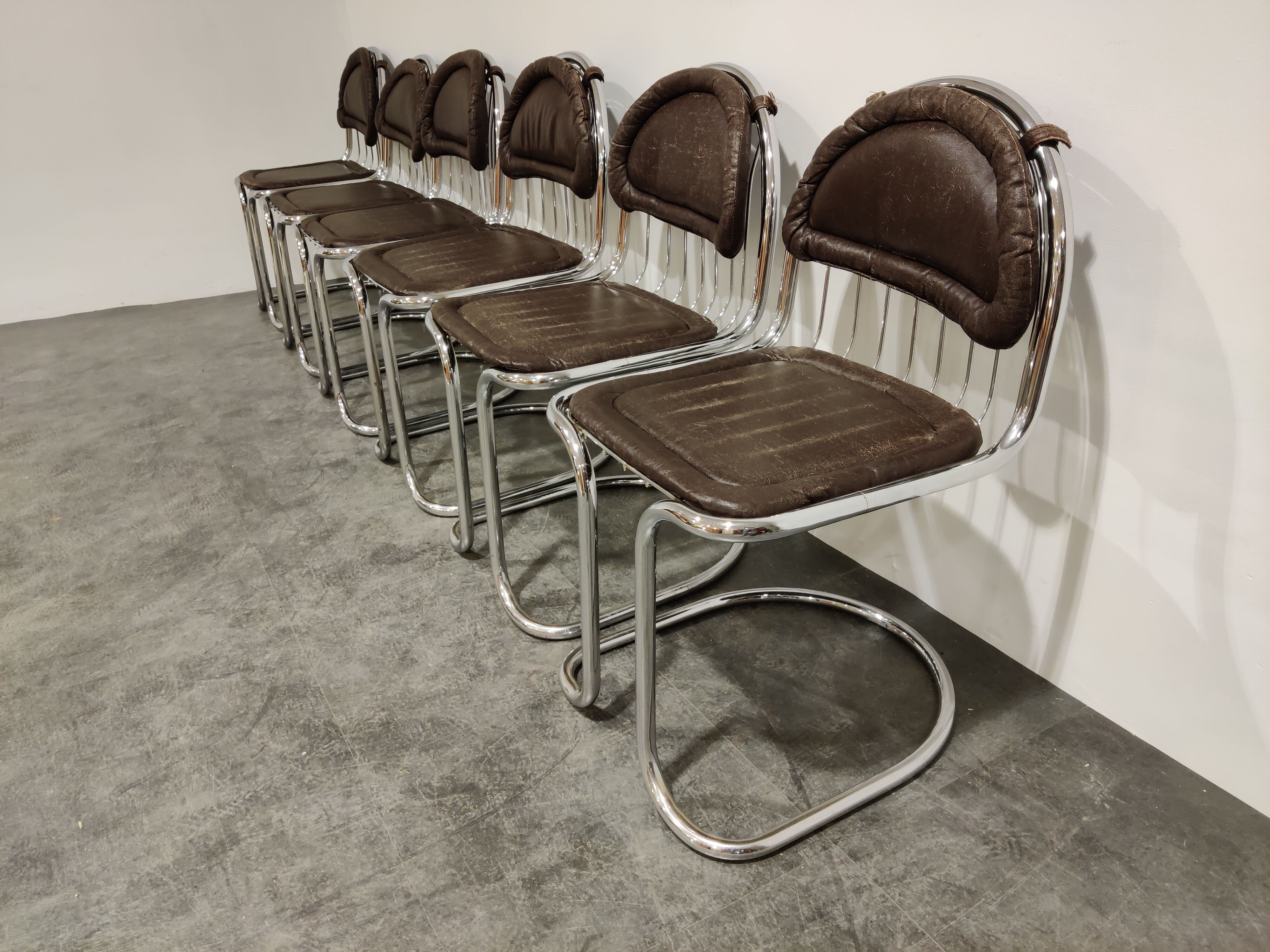 Vintage chrome and leather cantilever dining chairs, 1970s
