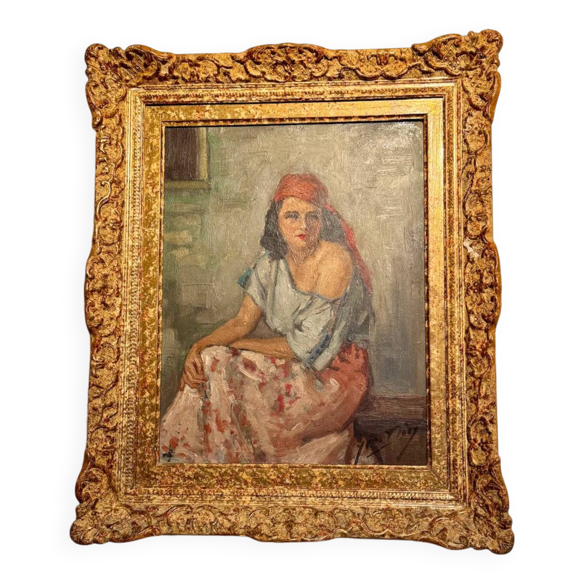 Old painting, portrait of a gypsy woman, signed Yves Diey, 20th century