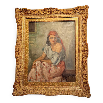 Old painting, portrait of a gypsy woman, signed Yves Diey, 20th century