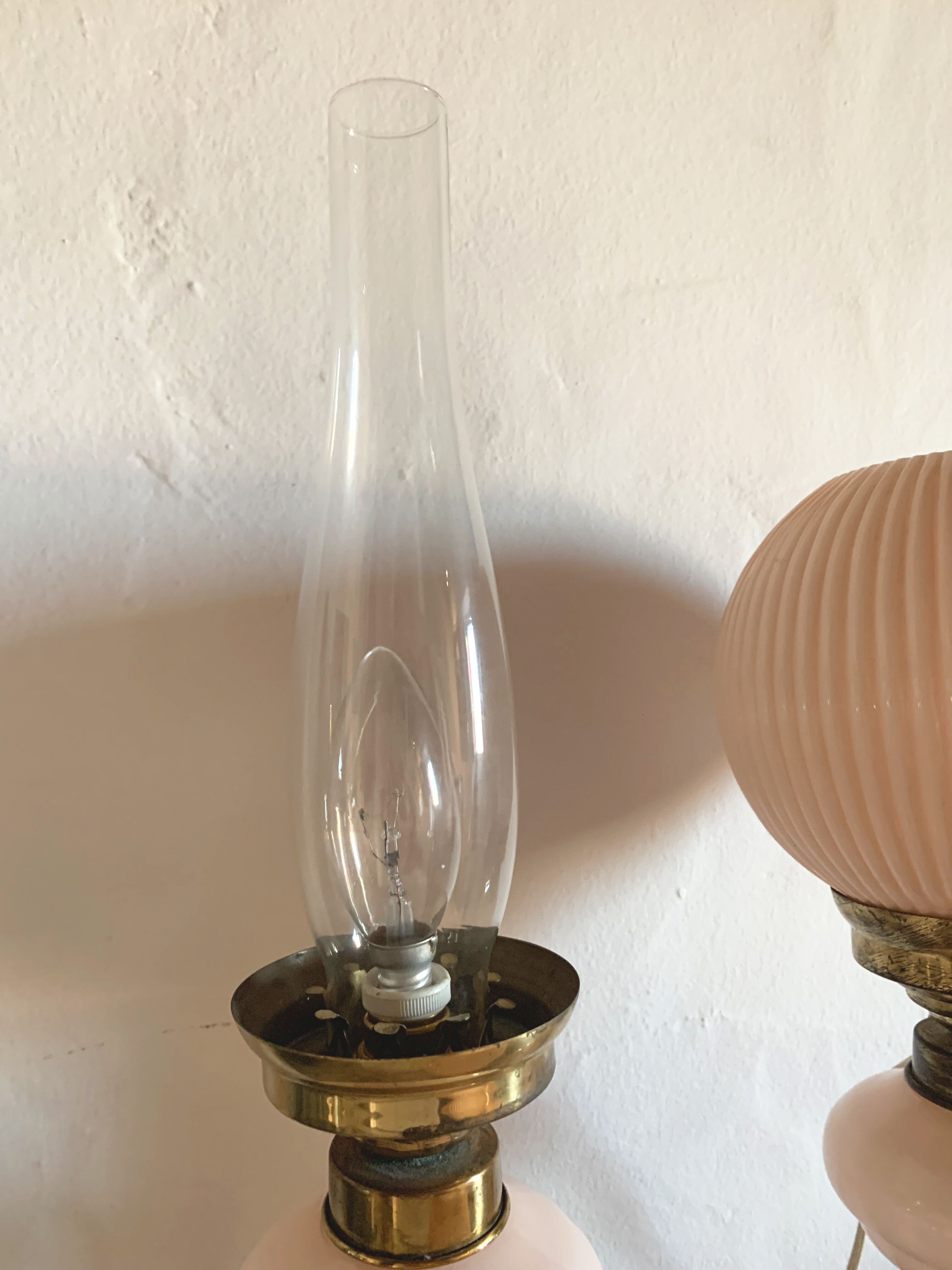 Pair of pink opaline lamps