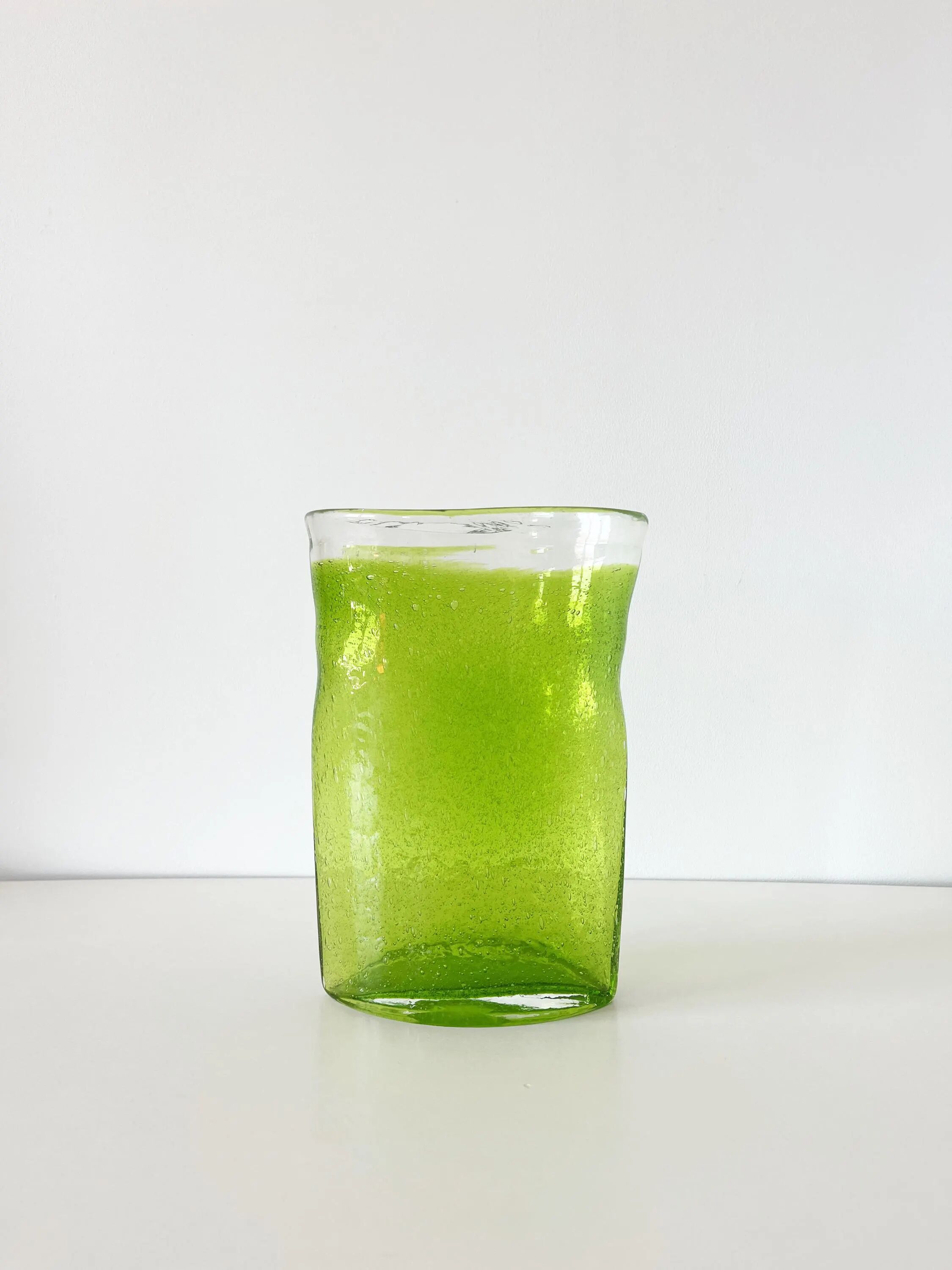 Large vintage green lemon bubble blown glass vase