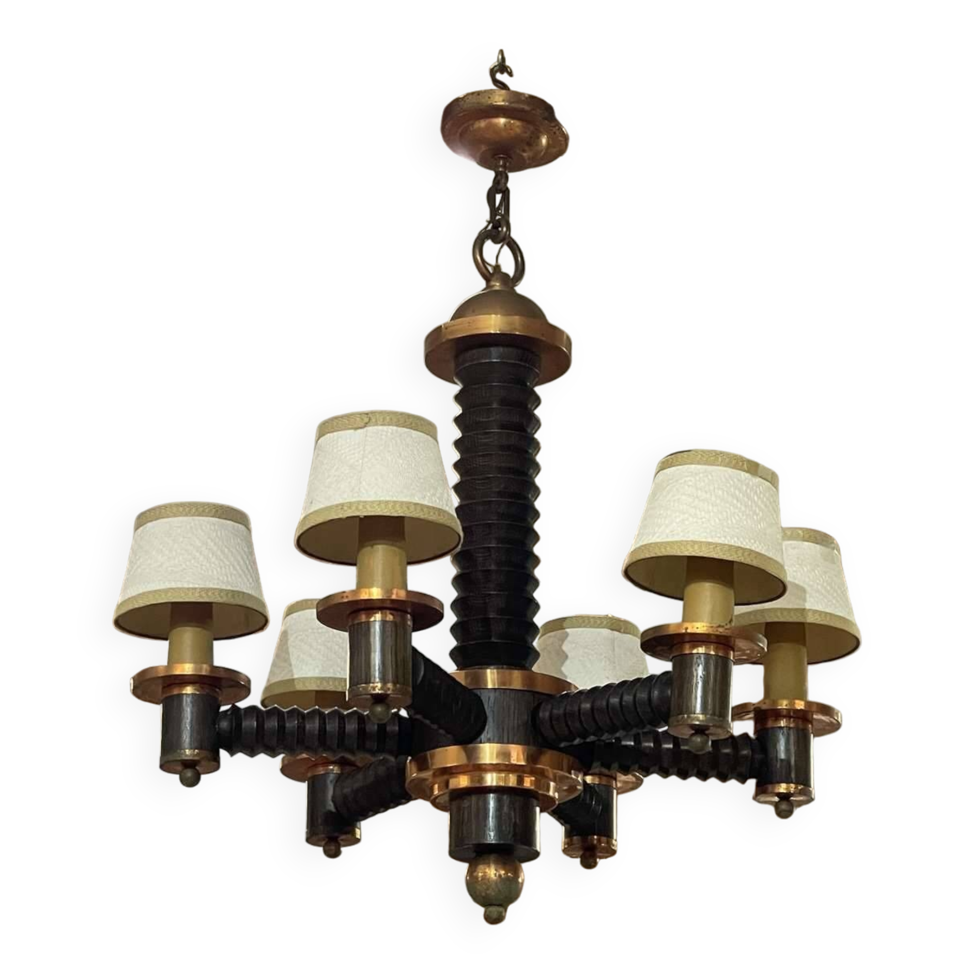 6-light oak chandelier from the 50s