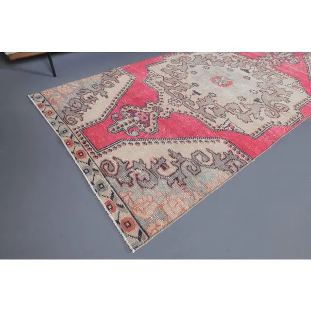 Vintage Turkish Hand-Knotted Wool Cotton Pink Runner Rug 105x228