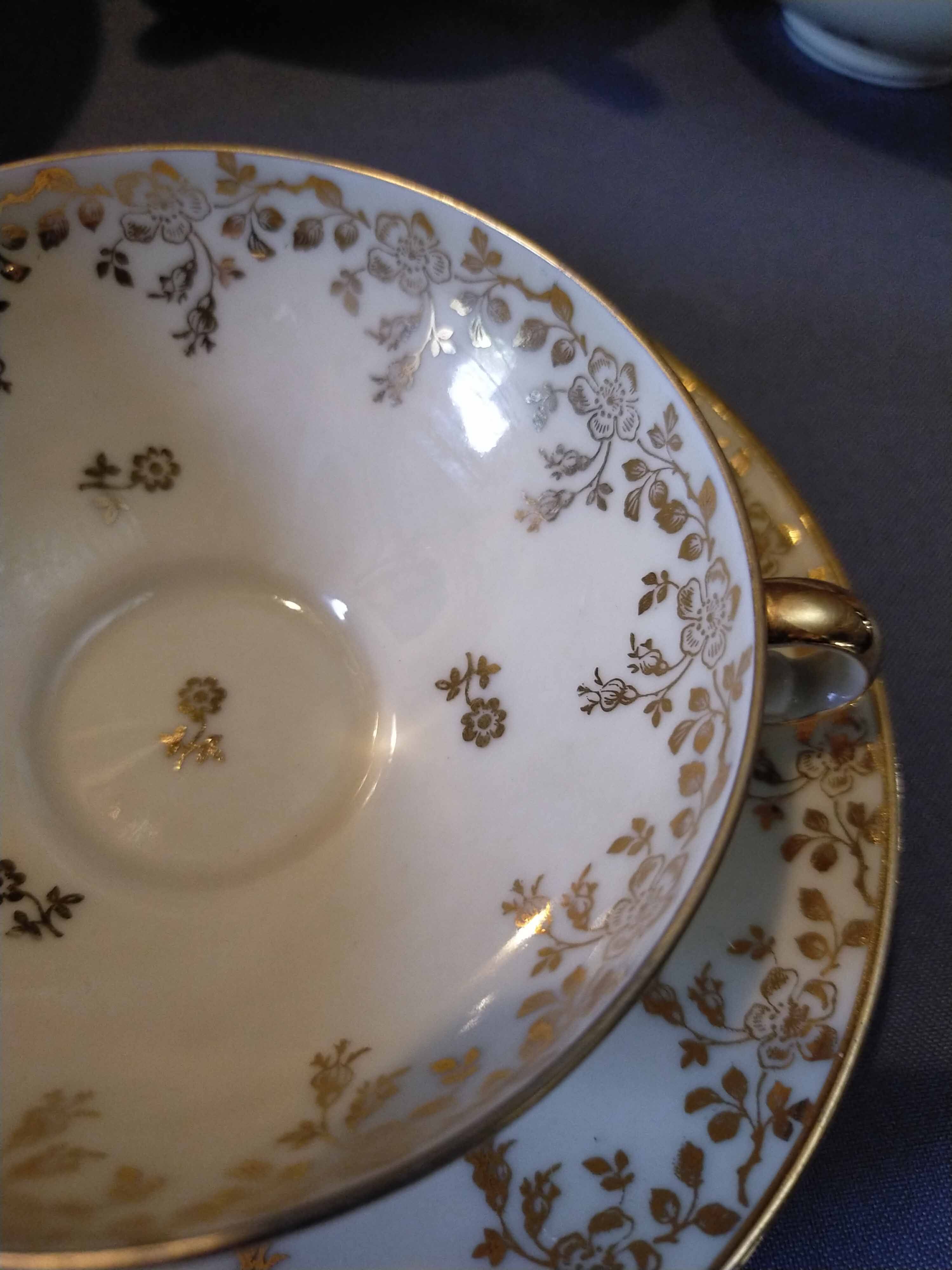10 cups and tea saucers Limoges porcelain DRB Manufacture decor signed JS