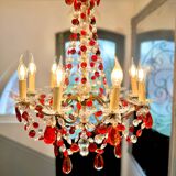Antique chandelier with red crystal pendants, 9 lights.