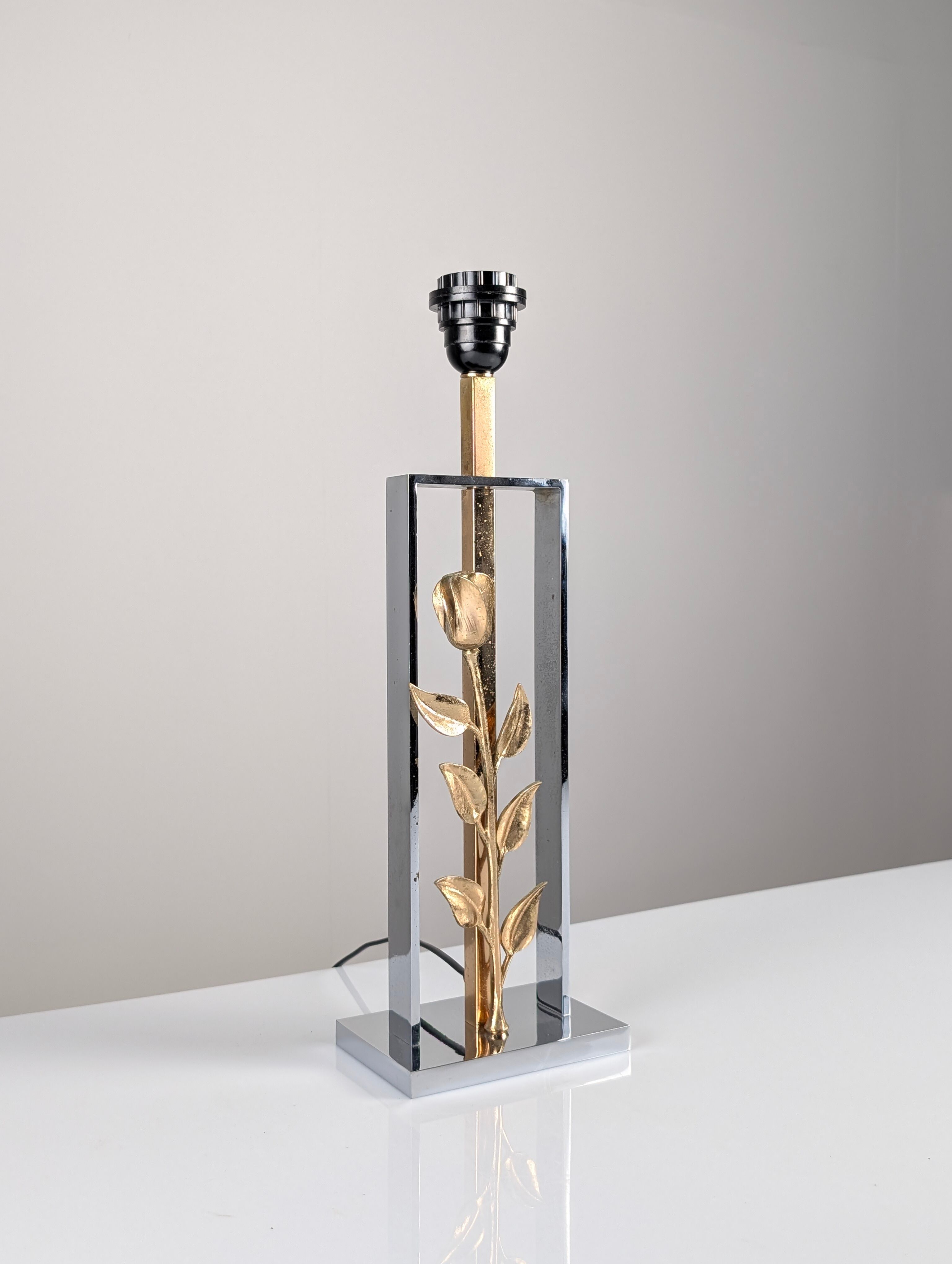 Maison Charles table lamp in chrome and gilt bronze with rose, France, 1970s