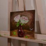 Huile sur toile fleurs dans un vase rouge
