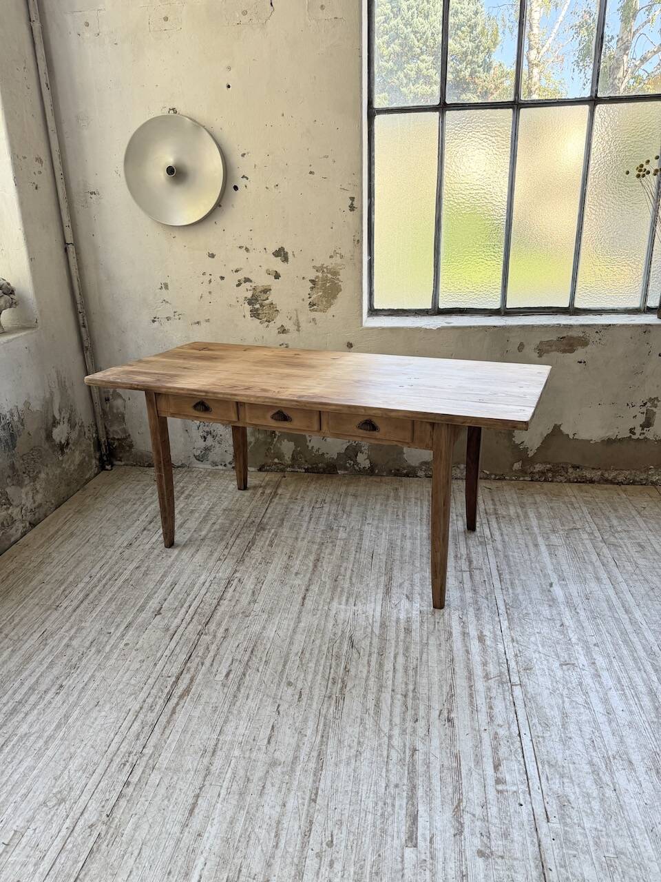 1950s pine and oak farmhouse table with multiple drawers