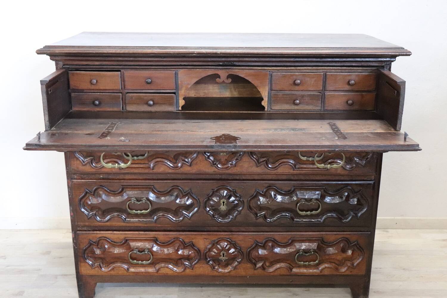 Antique Carved Walnut Chest of Drawers, 17th Century