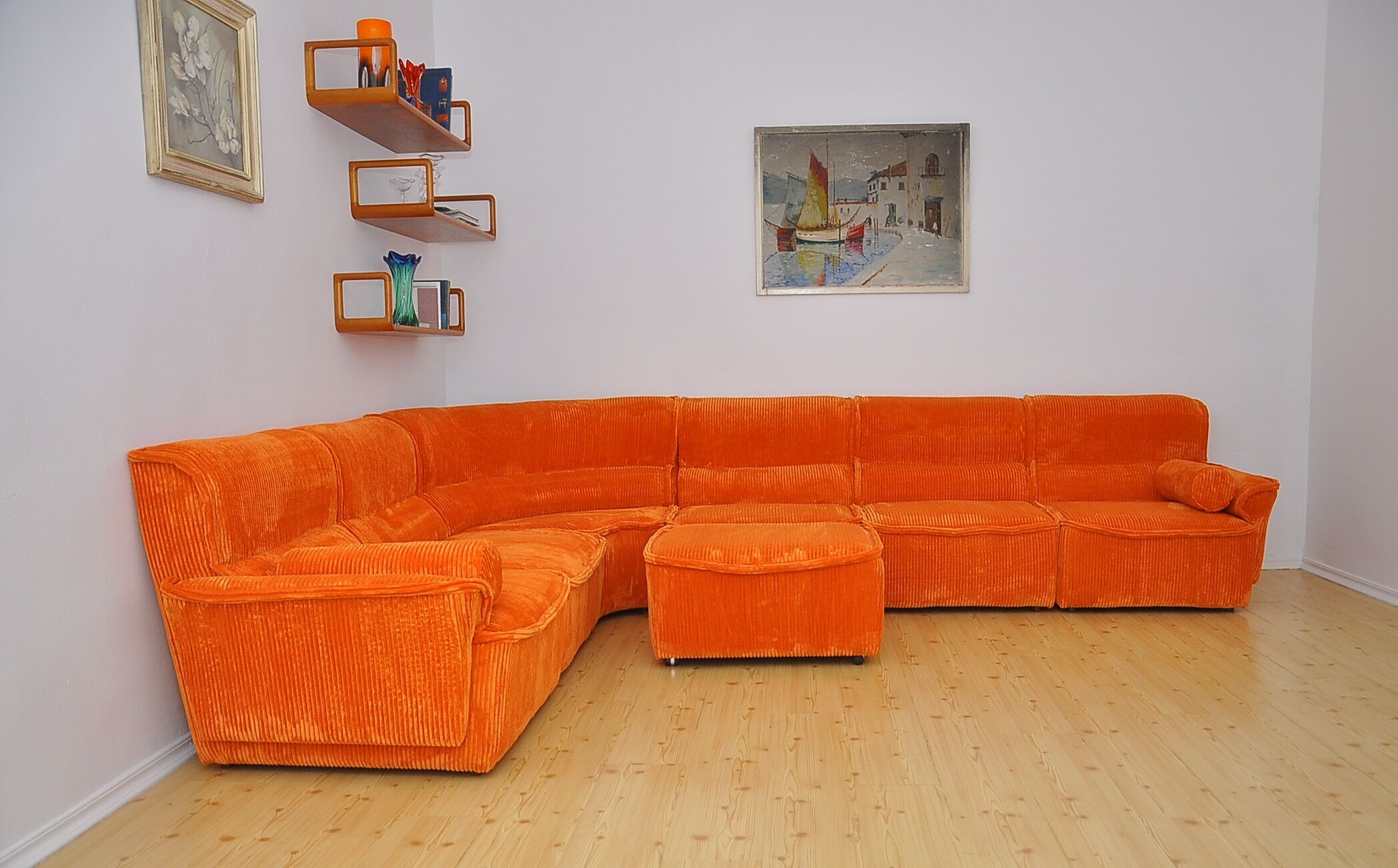 Laauser orange corduroy modular sofa, 70s