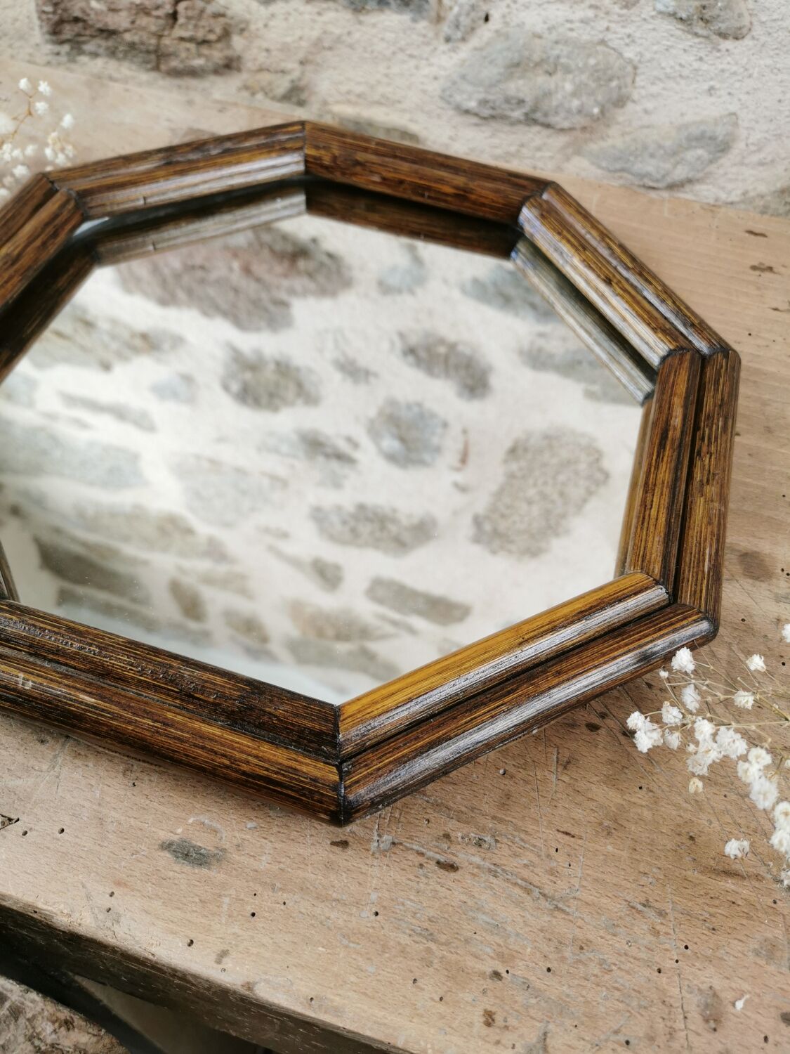 Vintage rattan mirror, octagonal
