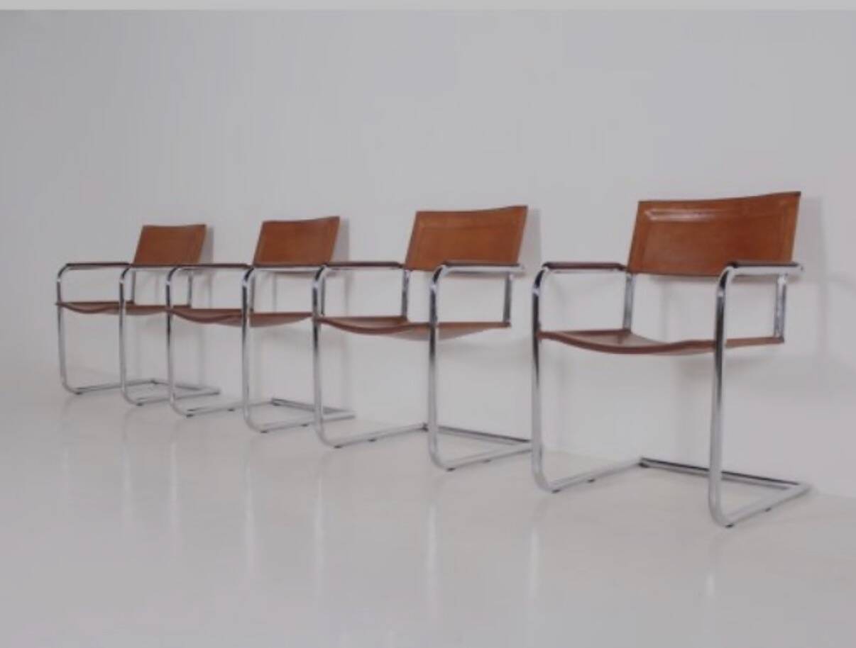 4 Matteo Grassi cantilever chairs in cognac leather