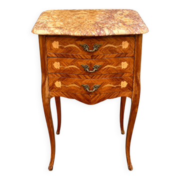 Antique marquetry bedside table – Marble top – Louis XV style