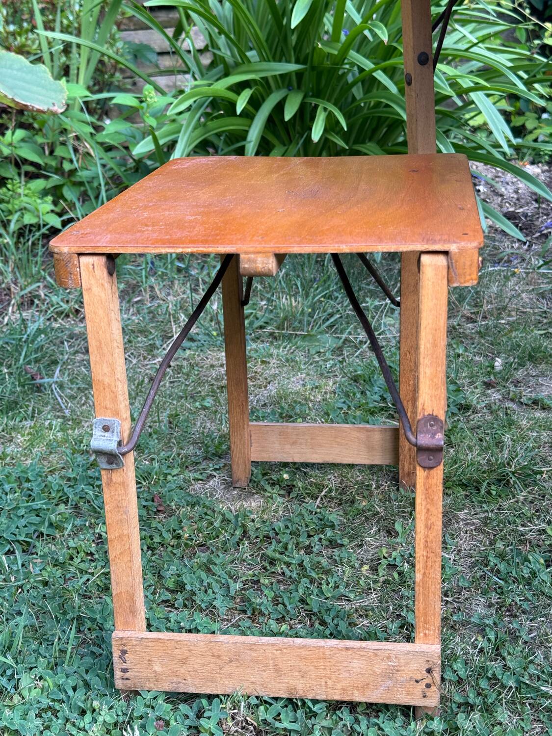 Old suitcase, table and stools, vintage wooden picnic