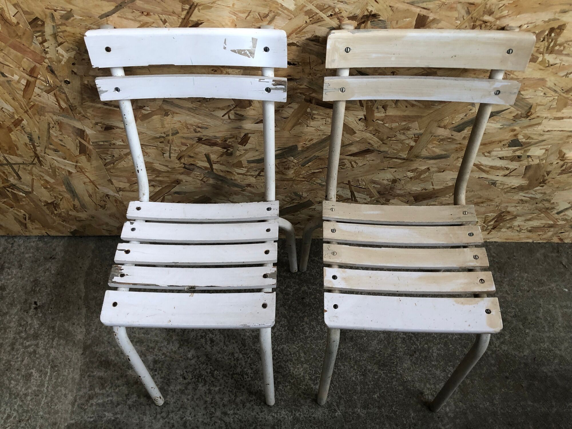 Pair Old Garden Chair Metal Structure + Vintage White Wood Slats