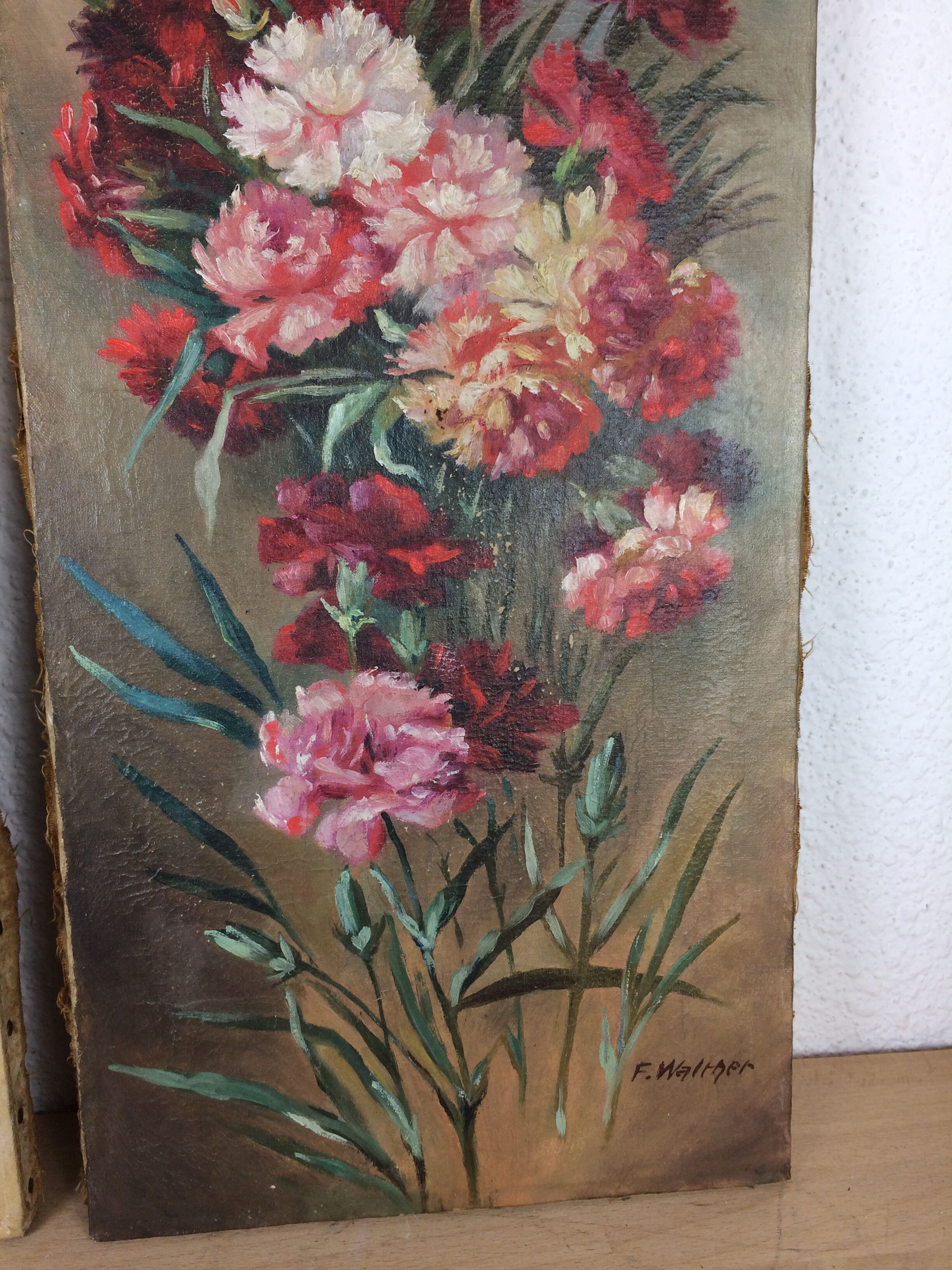 Suite of 2 old still lifes, painting on canvas, flowers