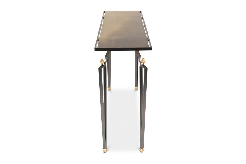 Rectangular console in steel and brass. Contemporary work.