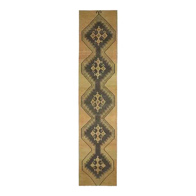 Vintage Turkish Hand-Knotted Wool Cotton Brass Runner Rug 95x432