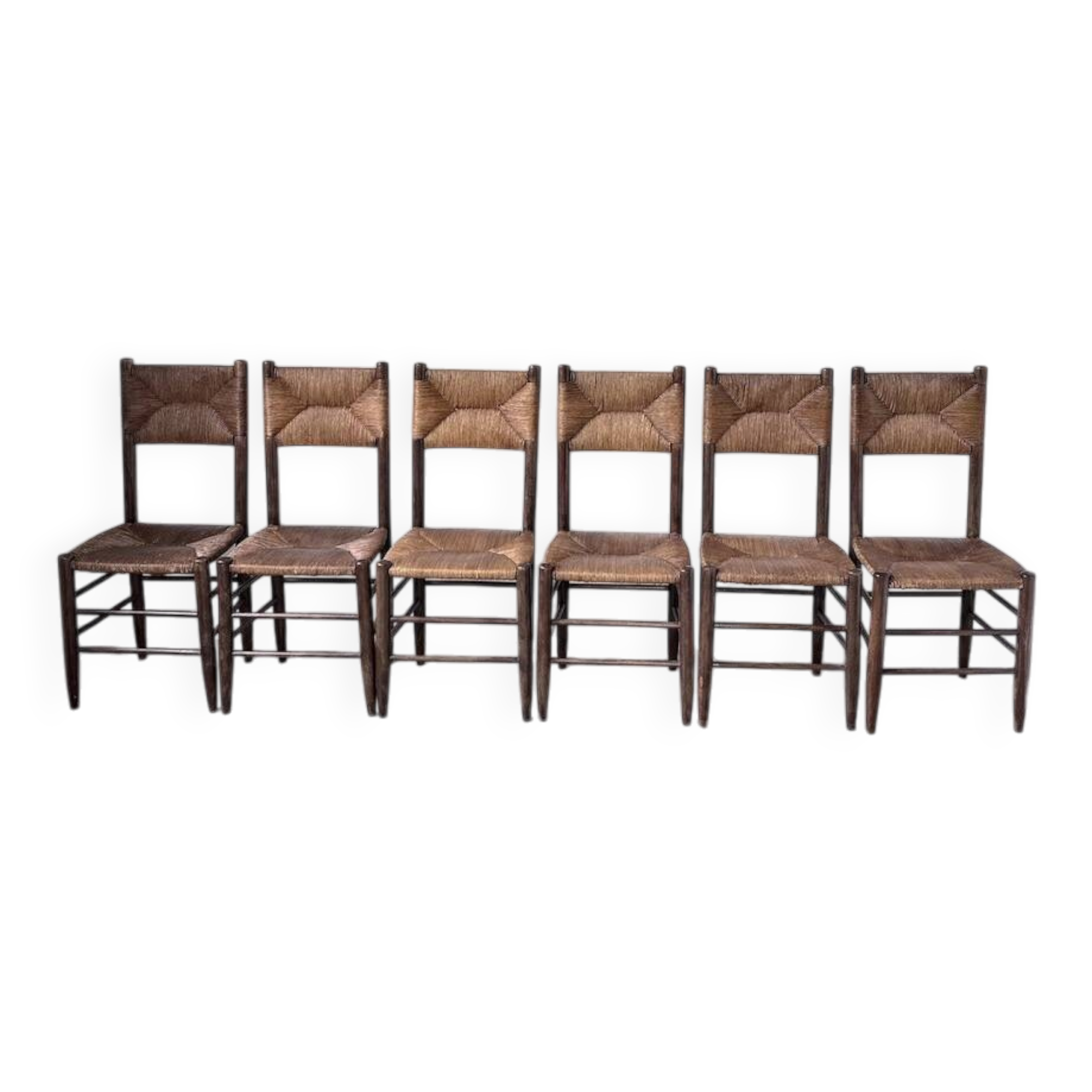 Set of 6 straw and oak Beauche chairs.