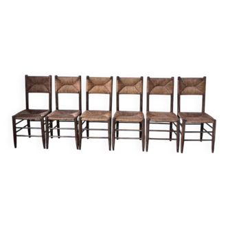 Set of 6 straw and oak Beauche chairs.