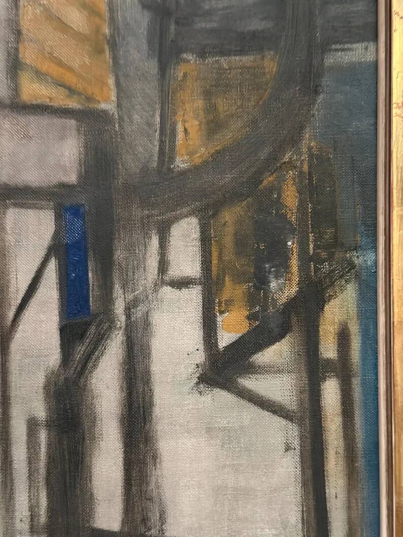 Original Danish Oil on Canvas – “Gul Figurkomposition” by P. Primdahl – Signed – Dated 1958 – Vintage & Framed – 43 × 27 cm (16.9" × 10.6")