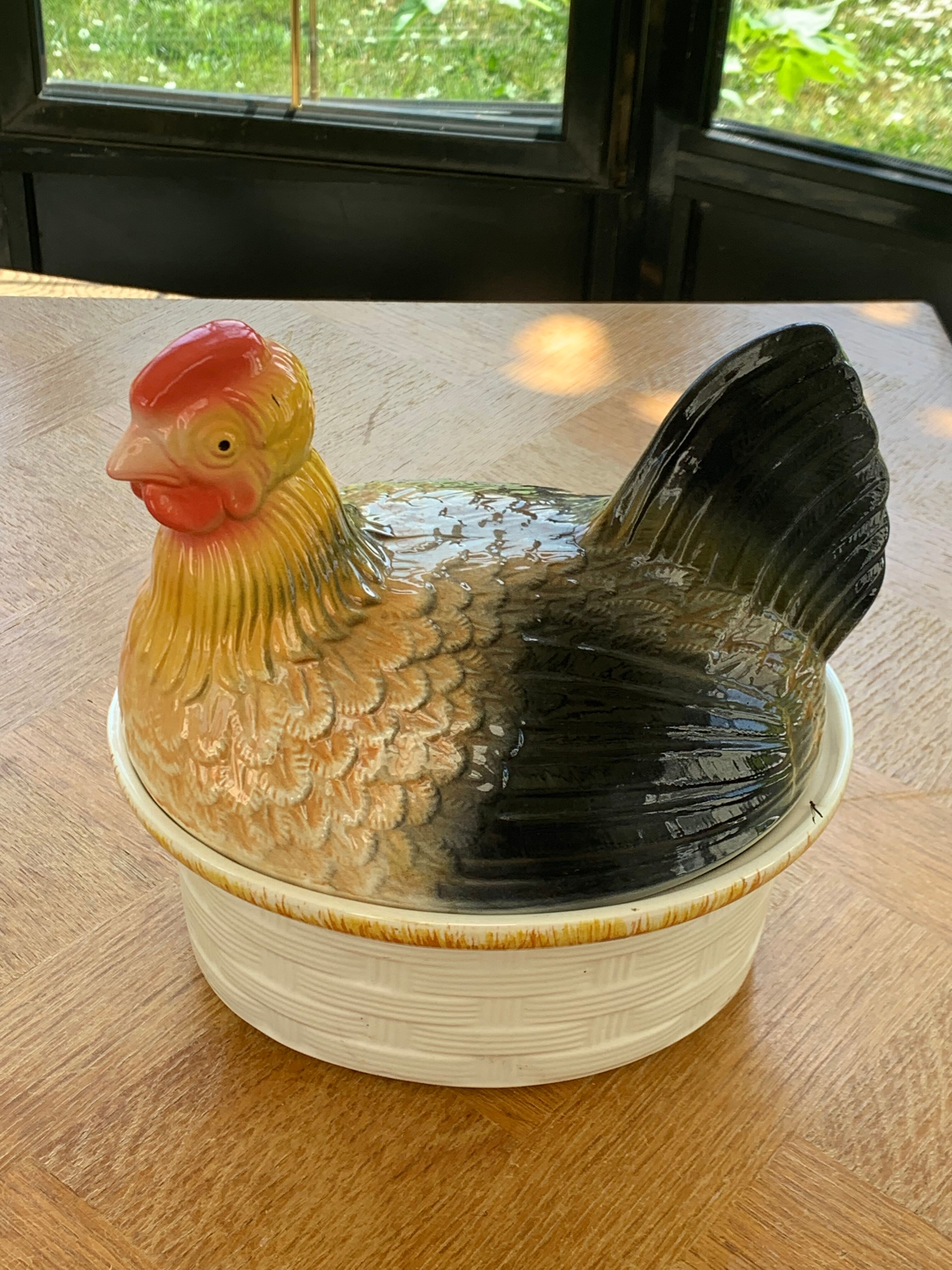 Terrine hen in slurry, vintage glazed ceramic