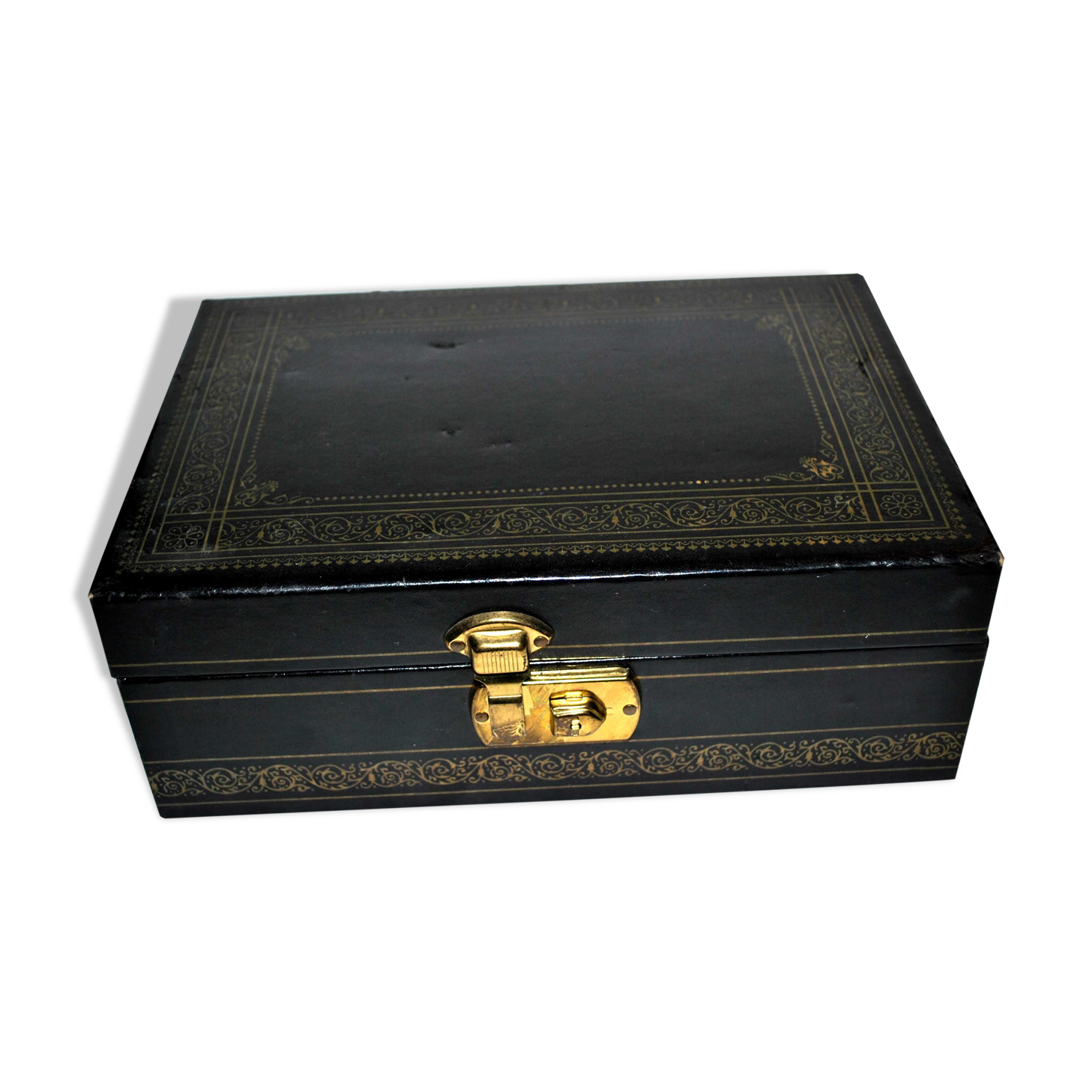 Vintage jewelry box in black leather and red interior