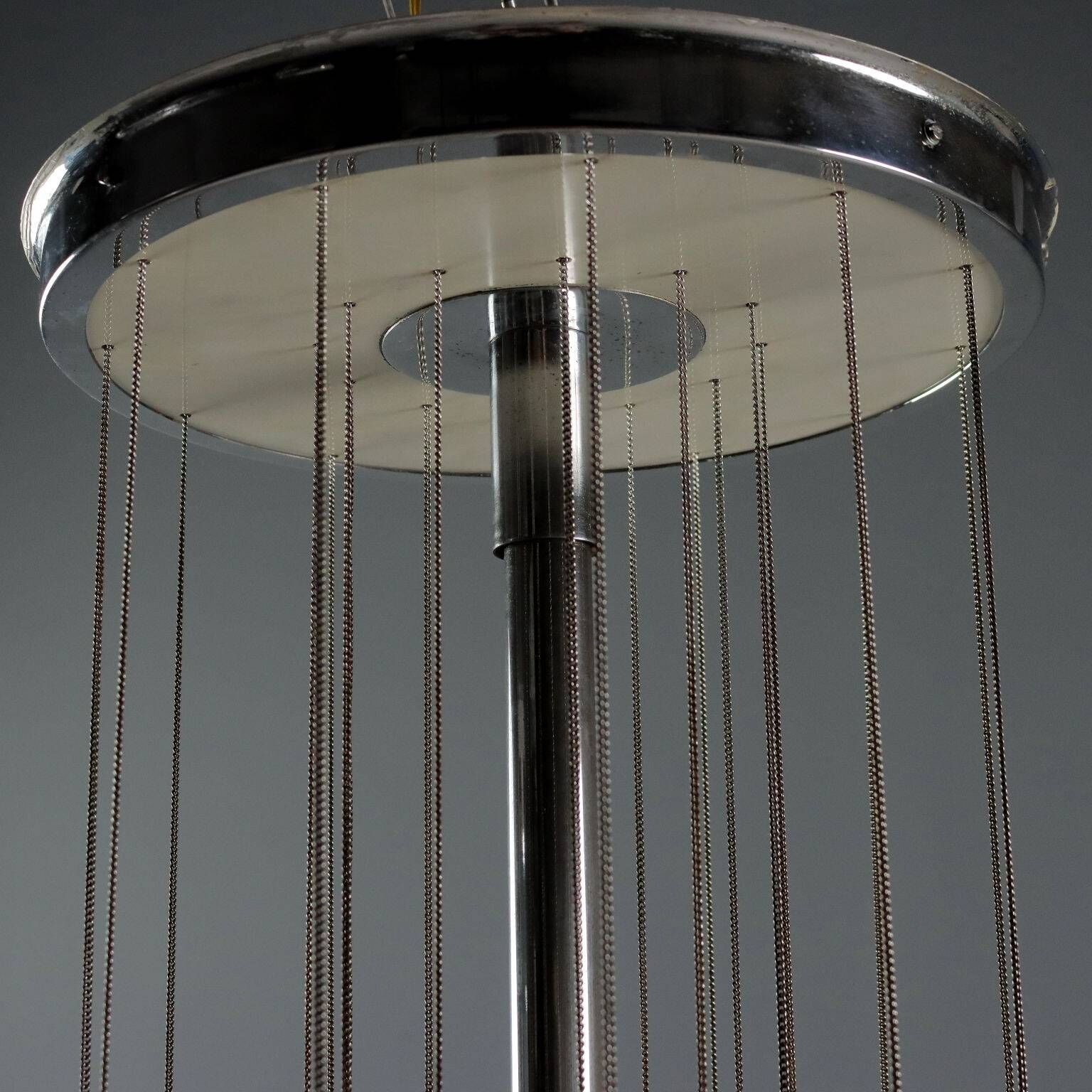 Vintage Italian chandelier, chrome-plated metal and glass design, original