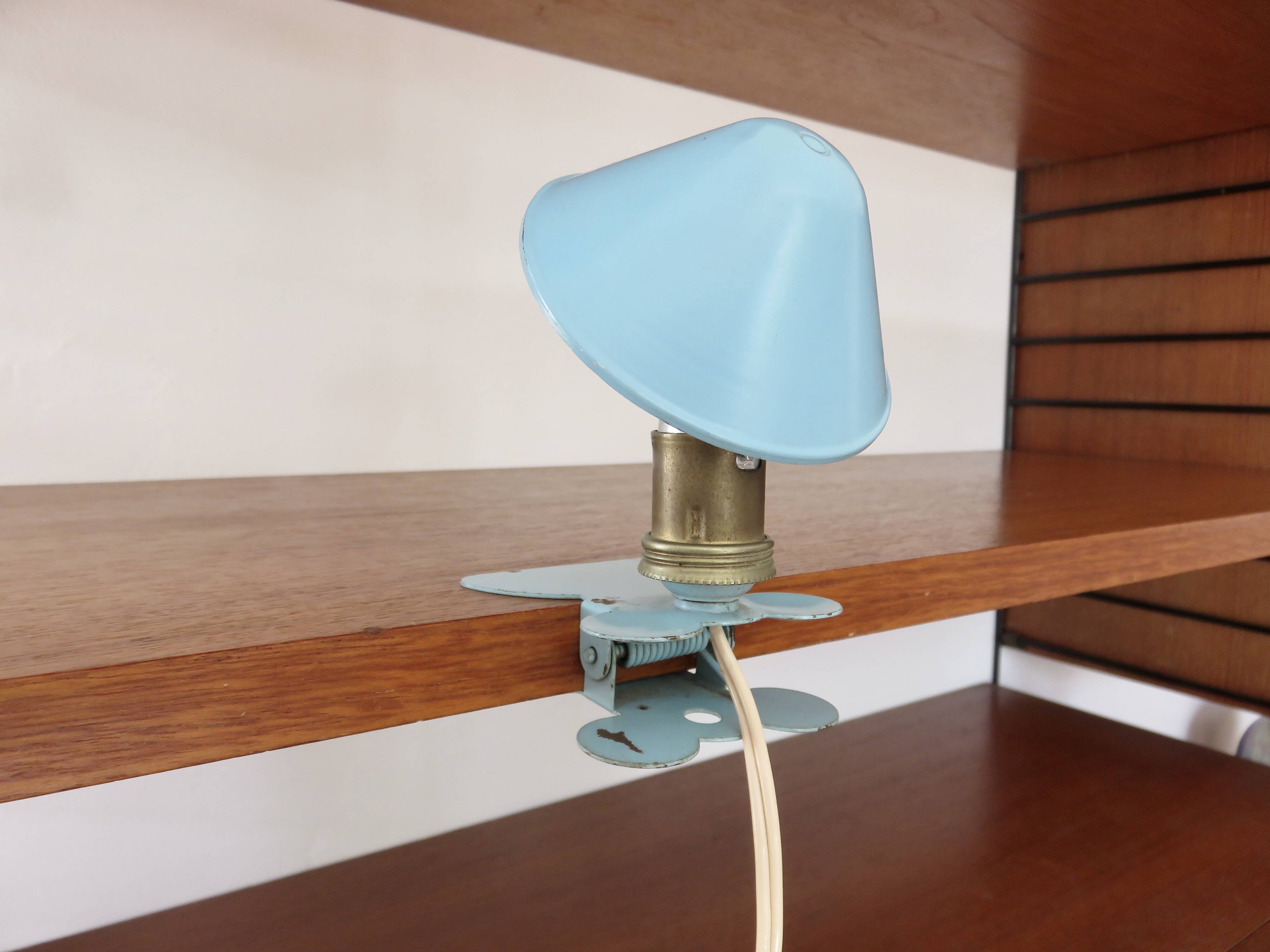 Blue aluminum mushroom clip lamp from the 50s and 60s