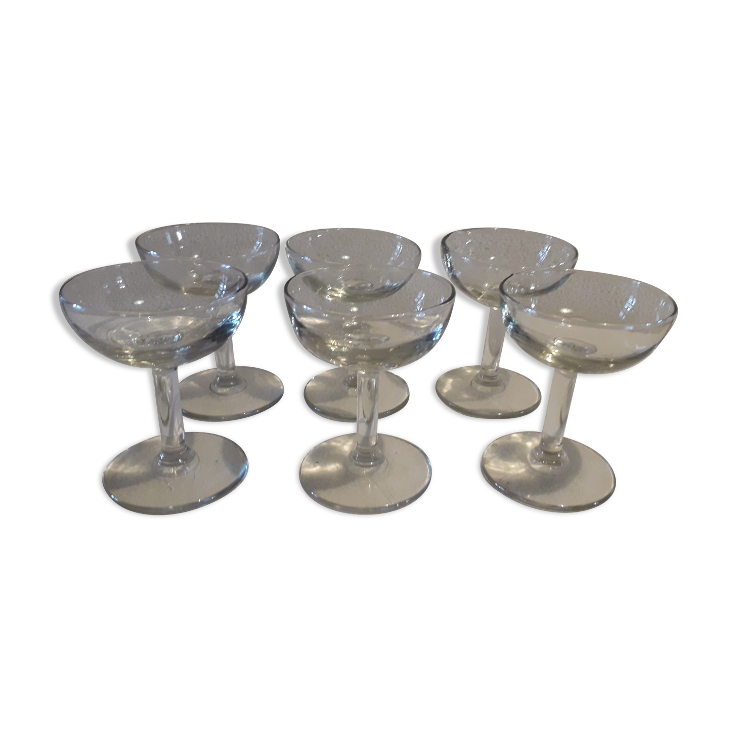 Six old blown glass champagne cups