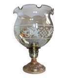 Table lamp with bronze base, round globe with amber and granite ruffles, retro chic