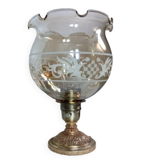 Lampe de table socle bronze, globe rond volanté ambré et granité, rétro chic