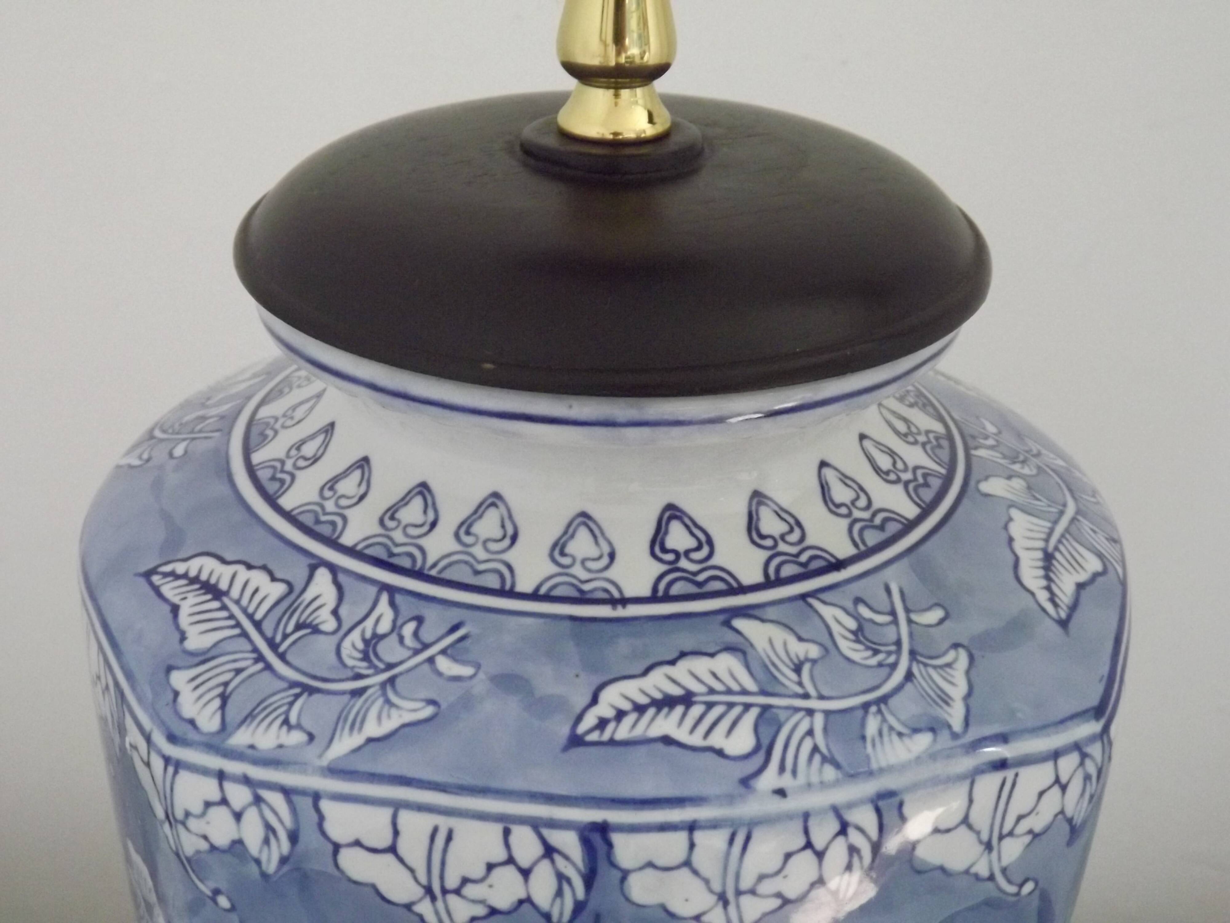 Tall Blue & White Oriental Style Ceramic Table Lamp with Floral Decoration