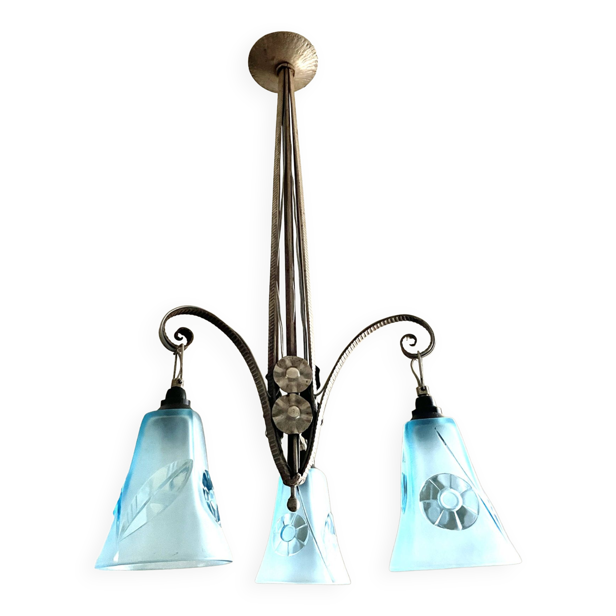 Lustre de style Art déco en verre bleu