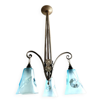 Large 1920 Art Deco style blue glass chandelier