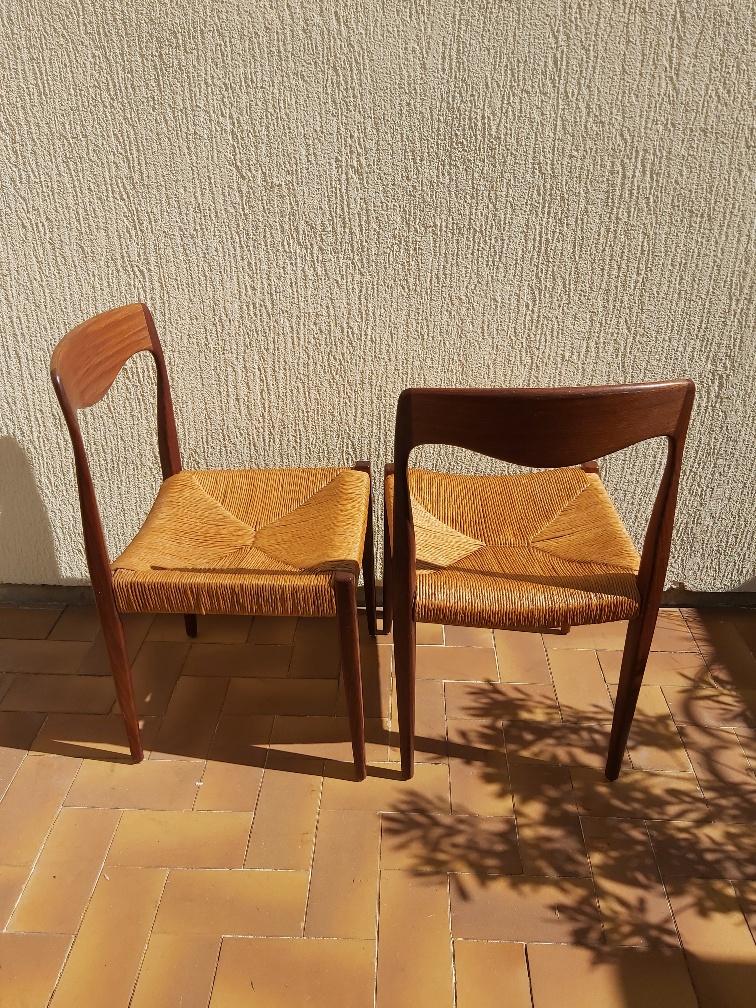 3 Niels Otto Moller chairs in teak and straw 60s