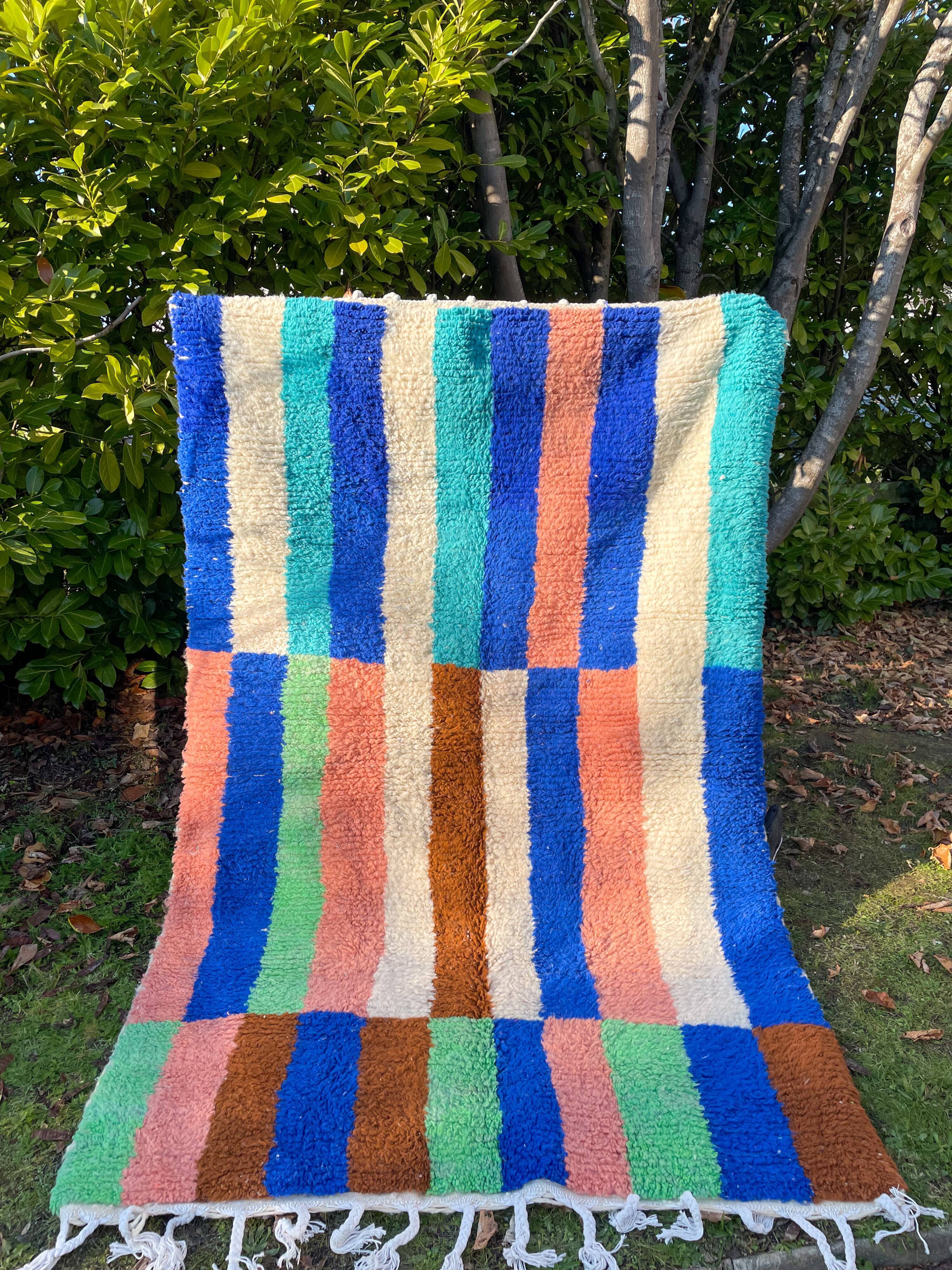 Berber carpet boujad colorful blue majorelle green brown peach