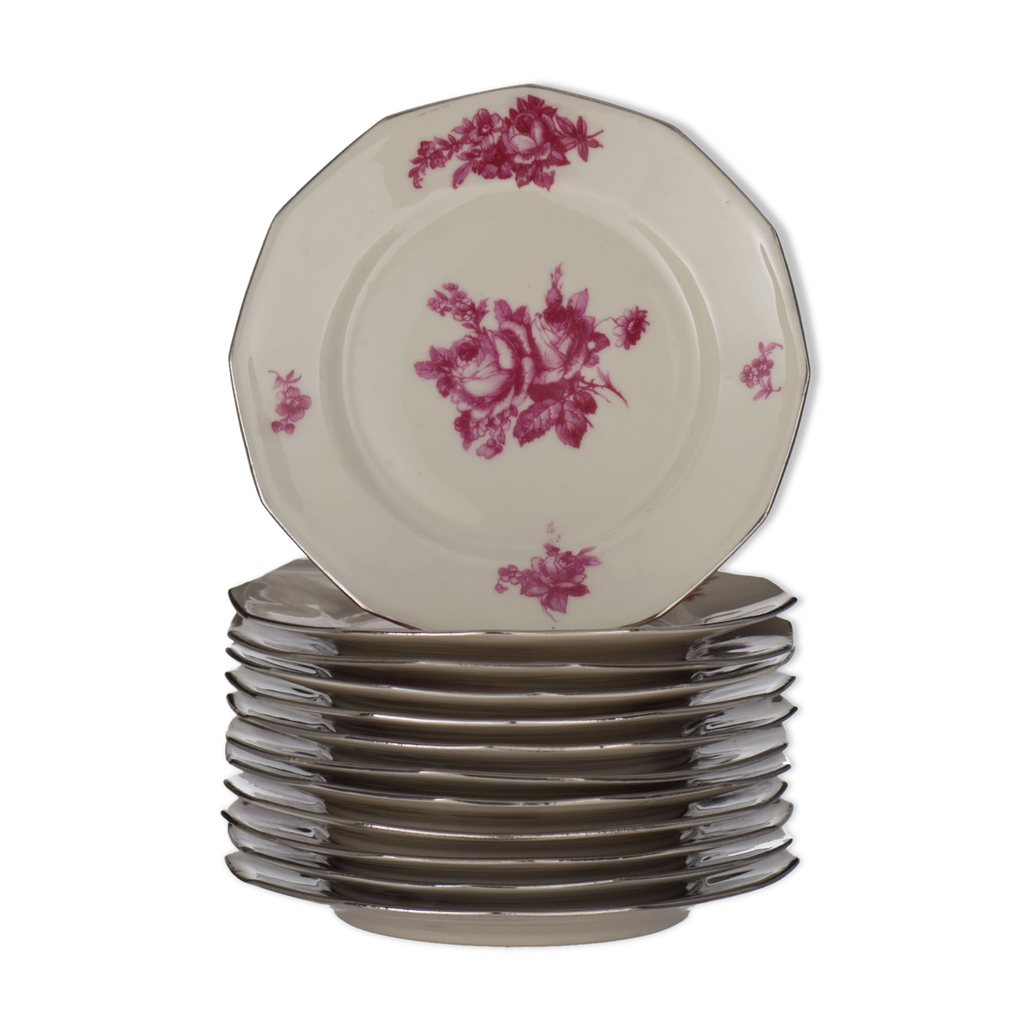 12 Limoges porcelain dessert plates pink flower decoration