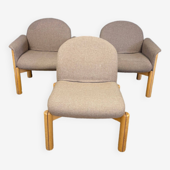 Set of 2 armchairs and 1 fireside chair Kléber beech heather fabric 1986 Netherlands