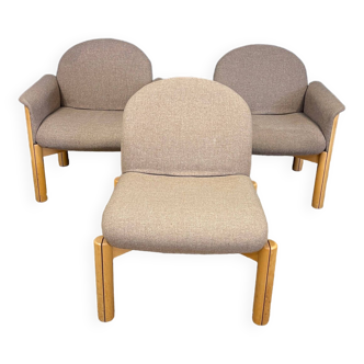 Set of 2 armchairs and 1 fireside chair Kléber beech heather fabric 1986 Netherlands