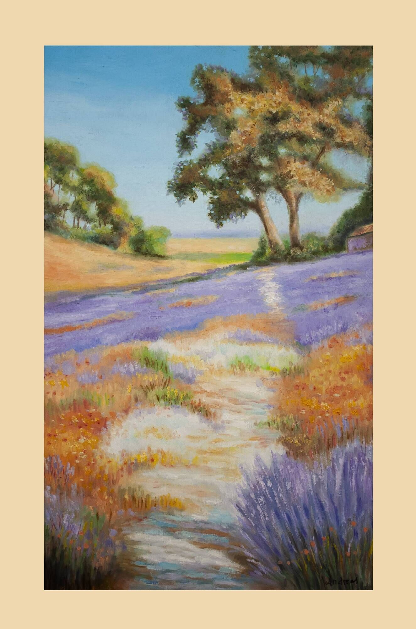 Oil painting on wooden panel, lavender landscape with lilacs and trees.