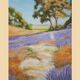 Oil painting on wooden panel, lavender landscape with lilacs and trees.