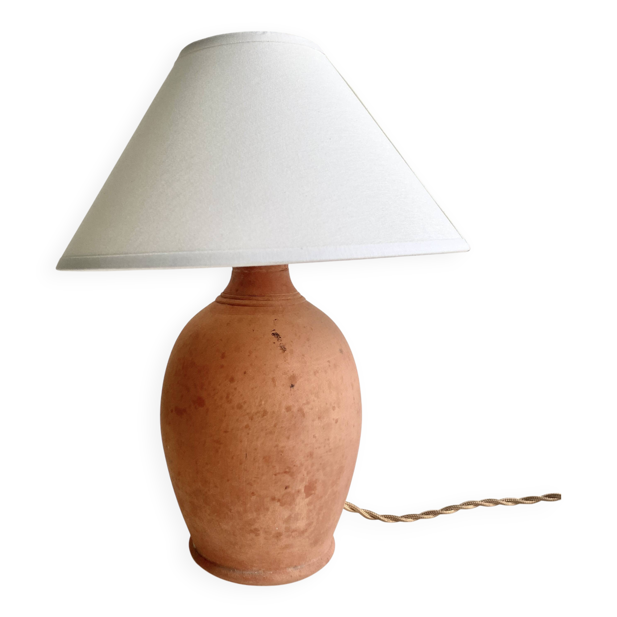 Terracotta lamp, new 2M fabric cable, cotton lampshade
