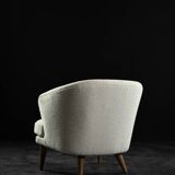 Low Mid-Century Scandinavian Modern Oak & Fabric Armchair with Rounded Backrest, 1960s